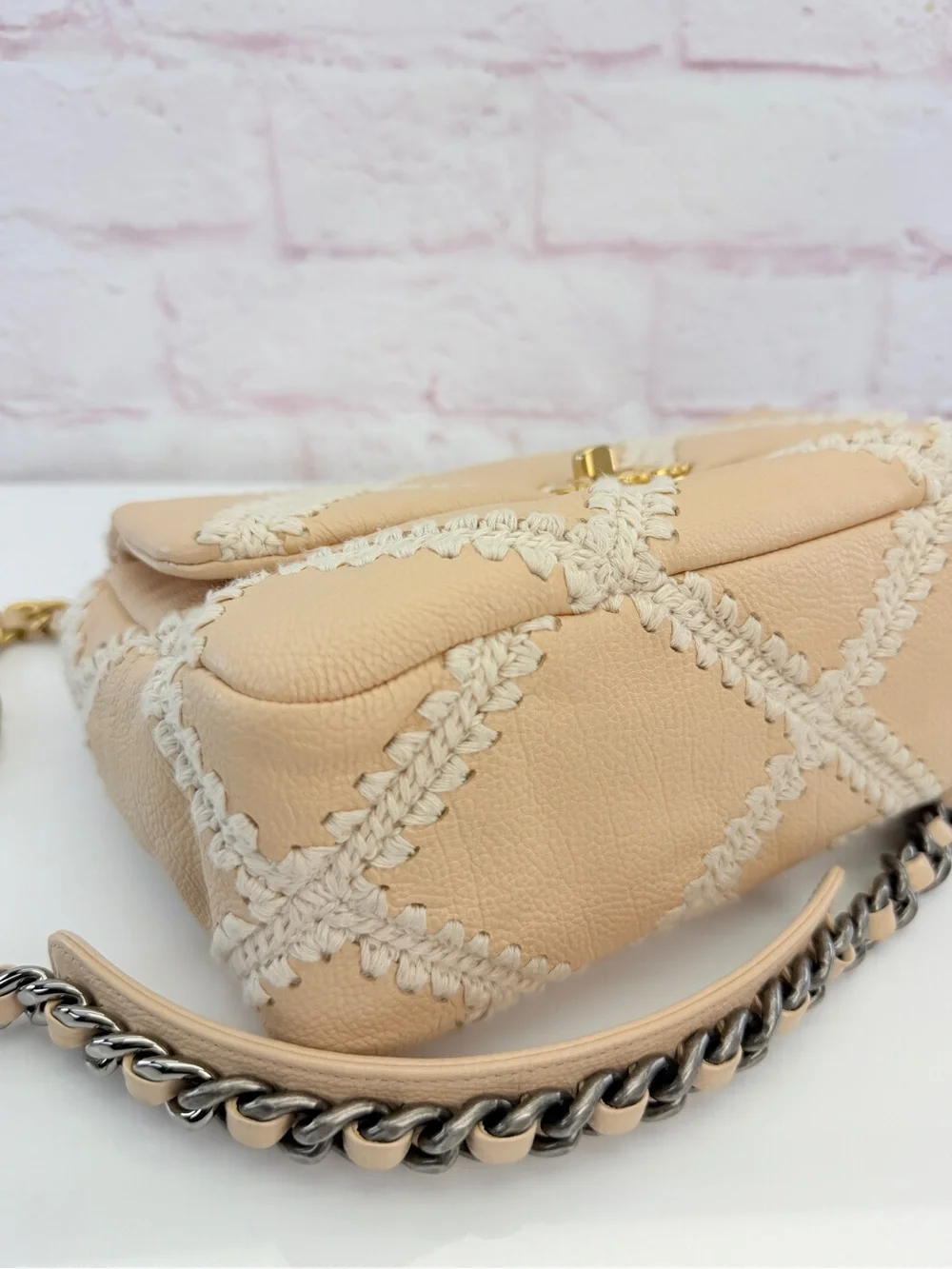 Chanel 19 Flap Medium Calfskin Crochet Shoulder Bag Beige